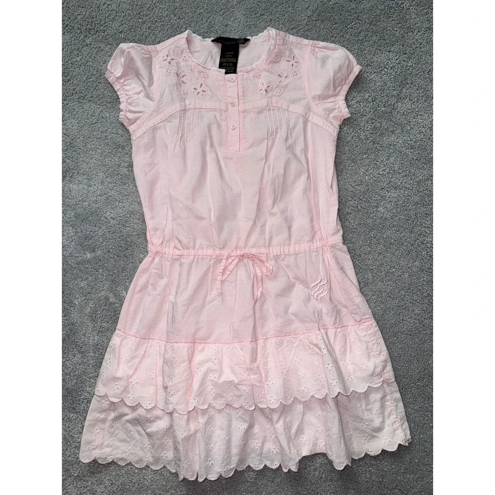 Rocawear Girls Pink Eyelet Tiered Dress Size L 12/14 Cotton Scalloped Hem